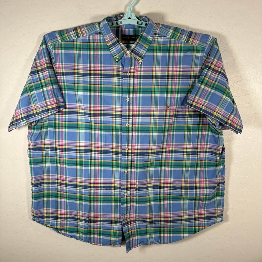 Ralph Lauren Shirt Mens 3XB Blue Plaid Short Sleeve Button Down Flesh Pony - Picture 2 of 9